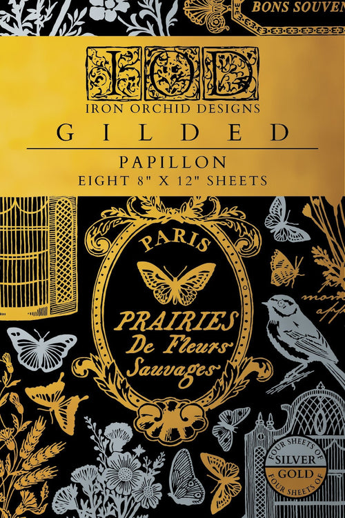 IOD GILDED Gold & Siliver FOIL Transfer Papillon, Rub on Transfer 8" x12" Pad - Decoupage Central