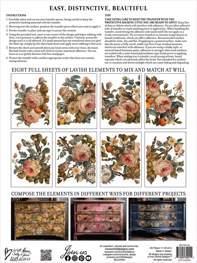 IOD JOIE DES ROSES, Rub on Transfer 12" x16" Pad, 8 pages - Decoupage Central