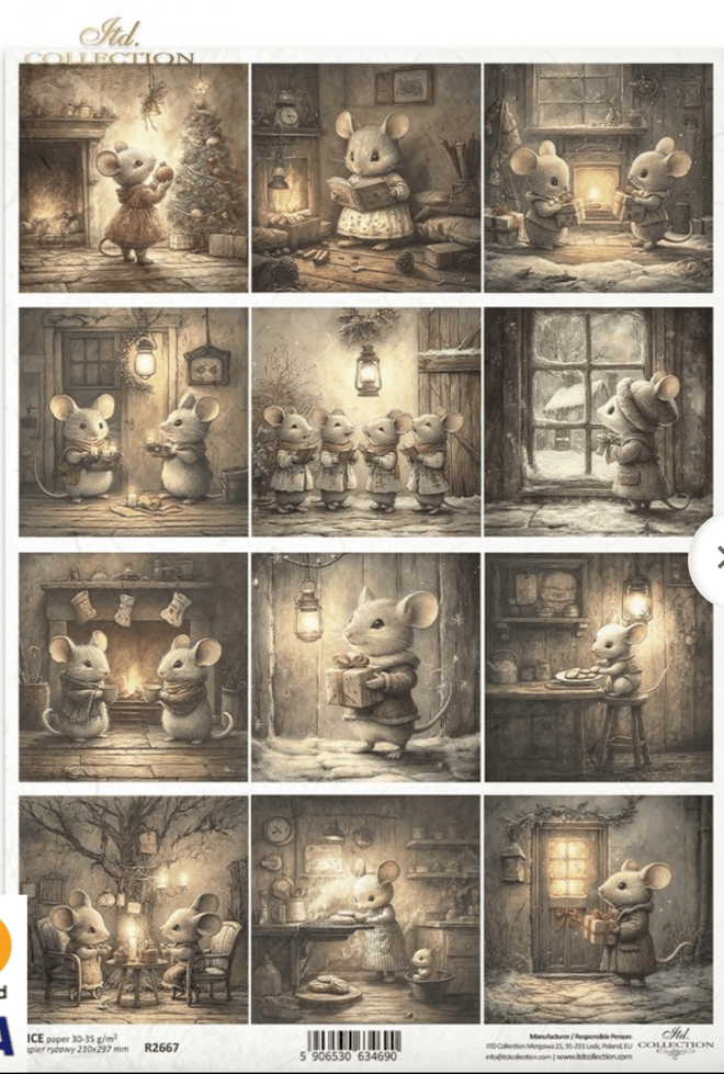 ITD A4 Cozy Christmas Mice Rice Paper R2667 - Decoupage Central
