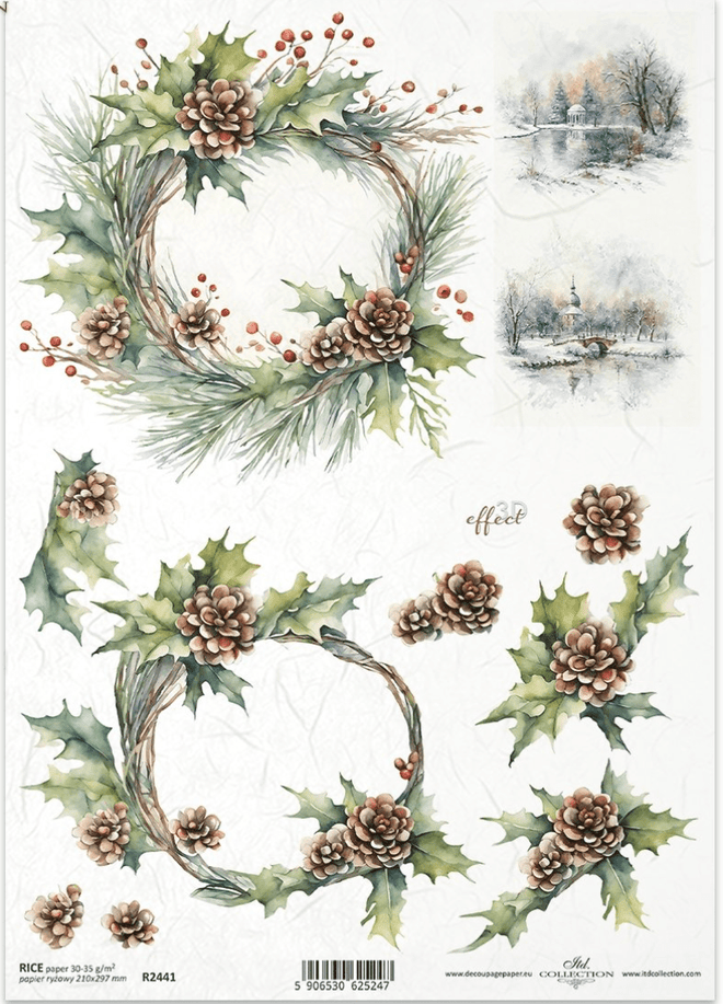 ITD A4 Pine Cone Christmas Wreath Rice Paper R2441 - Decoupage Central