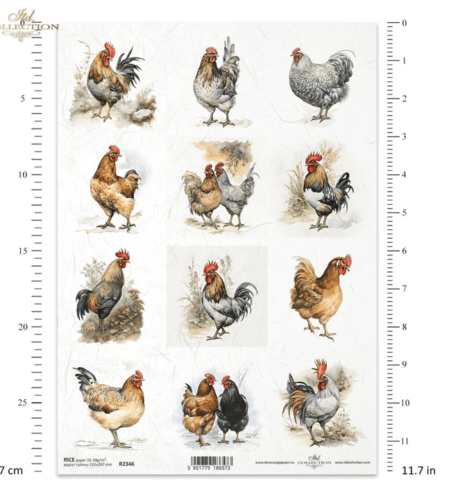 ITD A4 Roosters n Hens Multi Rice Paper Chickens R2346 - Decoupage Central