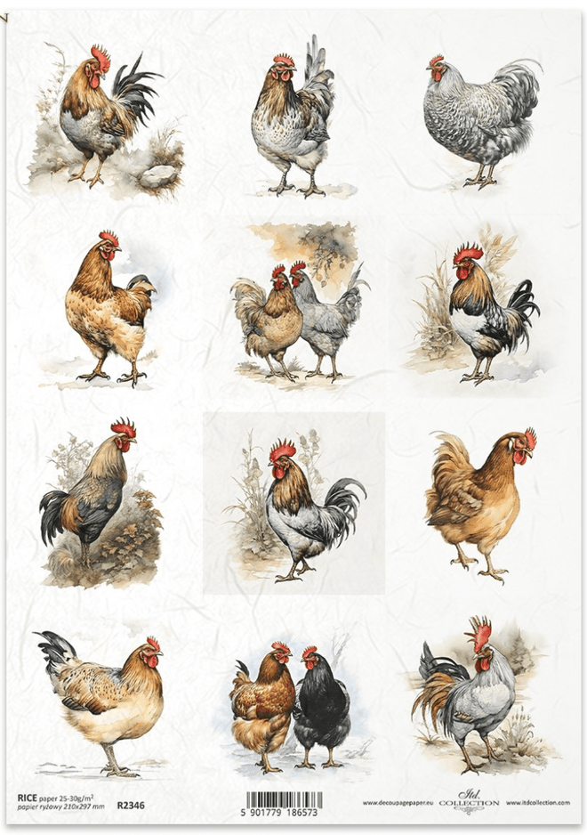 ITD A4 Roosters n Hens Multi Rice Paper Chickens R2346 - Decoupage Central