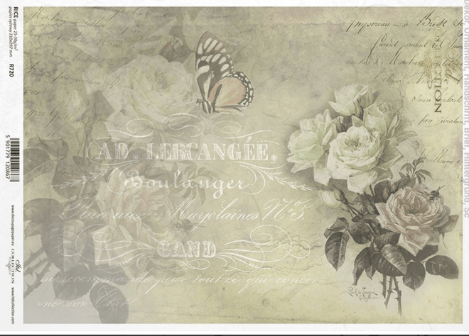 ITD Collection A4 French Floral Text Cream Rice Paper R0720 - Decoupage Central