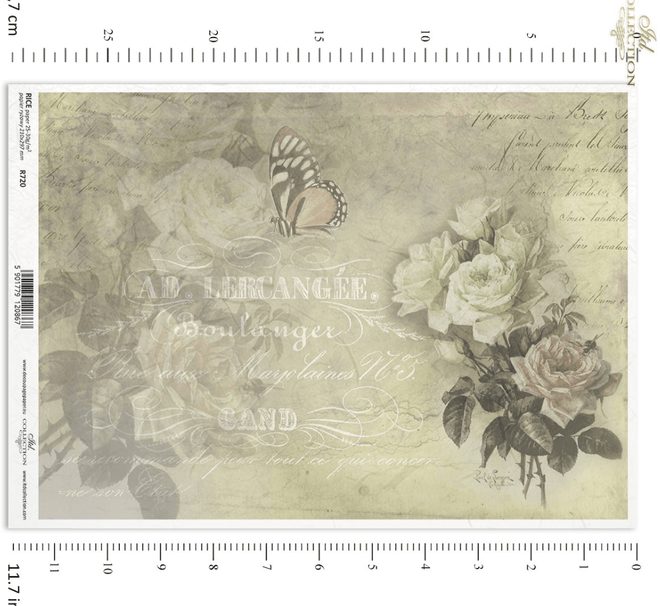 ITD Collection A4 French Floral Text Cream Rice Paper R0720 - Decoupage Central