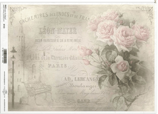 ITD Collection A4 French Floral Text Rice Paper R0723 - Decoupage Central