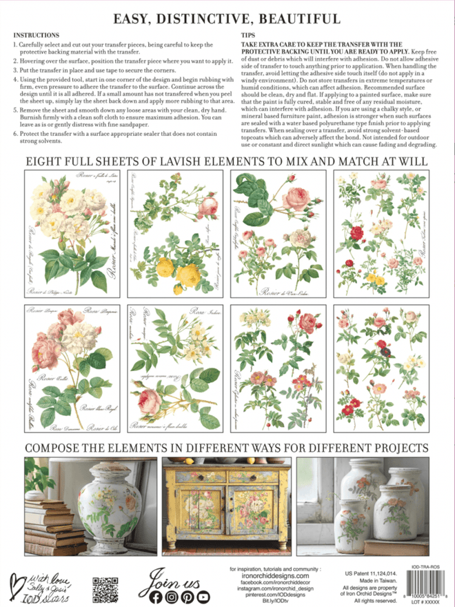 ROSE BOTANICAL , Rub on Transfer 12" x16" Pad, 8 pages - Decoupage Central