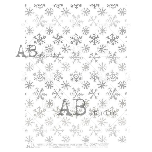 A4 Metaillic Silver Snowflakes Rice Paper, AB Studios 5847,  Gilded Silver Foil Look!