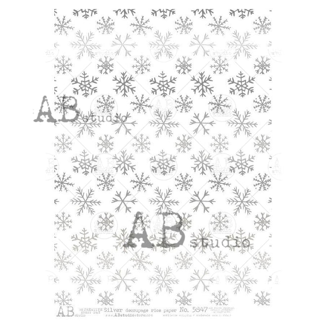 A4 Metaillic Silver Snowflakes Rice Paper, AB Studios 5847,  Gilded Silver Foil Look!